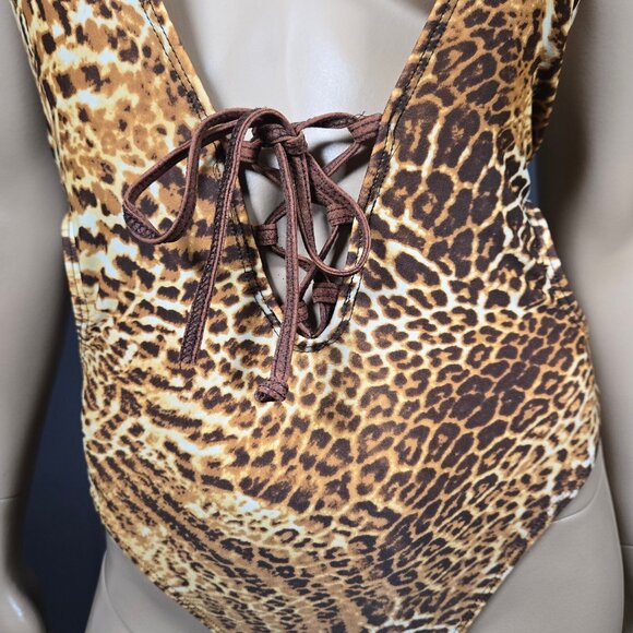 Y2K One Piece high Cut Leopard Print Swimsuit Womens Size S Deep V Lace Up - Picture 3 of 11